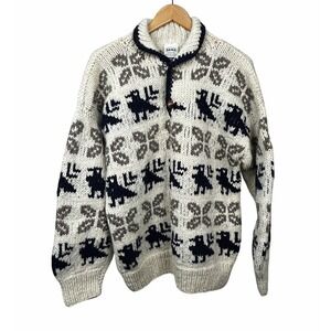 Vtg Alma Sweater Mens XL Wool Hand Knit Bird‎ Folk Rustic Cowichan Style Ecuador